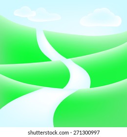 Vector illustration. Cartoon background with hills, road, sky and clouds