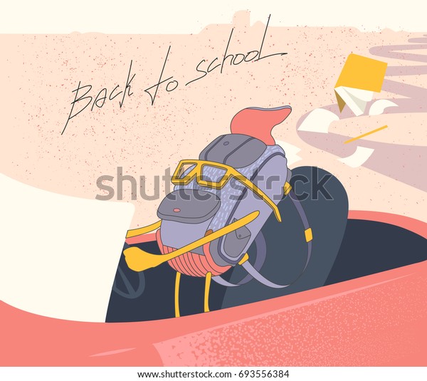 Vector illustration of a cartoon\
backpack traveling by car to school. Back to school\
illustration