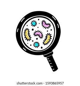 vector illustration with cartoon bacterial microorganisms under a magnifier glass. Flat colorful isolated hand drawing.