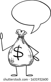 Vector illustration of cartoon bag of money or dollars character with speech bubble.Financial advertisement or marketing design.