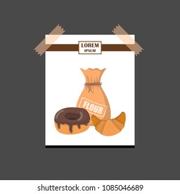 Vector illustration with cartoon bakery shop background. Pasrty vector objects. Sweet bun, croissant, flour, cake, donut products. Vector bakery food. Pastry breakfast cartoon sweet food