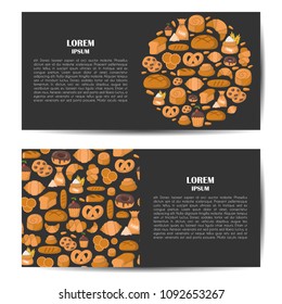 Vector illustration with cartoon bakery shop background. Pasrty vector objects. Sweet bun, croissant, flour, cake, donut products. Vector bakery food. Pastry breakfast cartoon sweet food