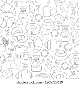 Vector illustration with cartoon bakery shop background. Pasrty vector objects. Sweet bun, croissant, flour, cake, donut products. Vector bakery food. Pastry breakfast cartoon sweet food