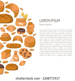 Vector illustration with cartoon bakery shop background. Pastry vector objects. Sweet bun, croissant, flour, cake, donut products. Vector bakery food. Pastry breakfast cartoon sweet food