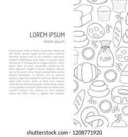 Vector illustration with cartoon bakery shop background. Pastry vector objects. Sweet bun, croissant, flour, cake, donut products. Vector bakery food. Pastry breakfast cartoon sweet food