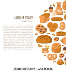 Vector illustration with cartoon bakery shop background. Pastry vector objects. Sweet bun, croissant, flour, cake, donut products. Vector bakery food. Pastry breakfast cartoon sweet food