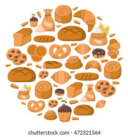 Vector illustration with cartoon bakery shop background. Pastry vector objects. Sweet bun, croissant, flour, cake, donut products. Vector bakery food. Pastry breakfast cartoon sweet food