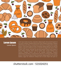 Vector illustration with cartoon bakery shop background. Pastry vector objects. Sweet bun, croissant, flour, cake, donut products. Vector bakery food. Pastry breakfast cartoon sweet food