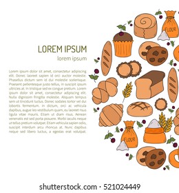Vector illustration with cartoon bakery shop background. Pastry vector objects. Sweet bun, croissant, flour, cake, donut products. Vector bakery food. Pastry breakfast cartoon sweet food