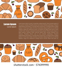Vector illustration with cartoon bakery shop background. Pastry vector objects. Sweet bun, croissant, flour, cake, donut products. Vector bakery food. Pastry breakfast cartoon sweet food