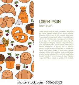 Vector illustration with cartoon bakery shop background. Pastry vector objects. Sweet bun, croissant, flour, cake, donut products. Vector bakery food. Pastry breakfast cartoon sweet food