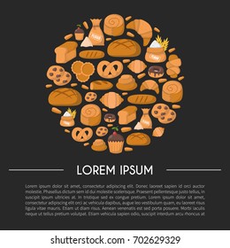 Vector illustration with cartoon bakery shop background. Pastry vector objects. Sweet bun, croissant, flour, cake, donut products. Vector bakery food. Pastry breakfast cartoon sweet food