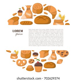 Vector illustration with cartoon bakery shop background. Pastry vector objects. Sweet bun, croissant, flour, cake, donut products. Vector bakery food. Pastry breakfast cartoon sweet food