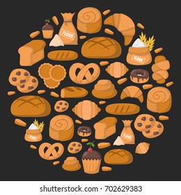 Vector illustration with cartoon bakery shop background. Pastry vector objects. Sweet bun, croissant, flour, cake, donut products. Vector bakery food. Pastry breakfast cartoon sweet food