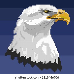 Vector illustration of Cartoon bald eagle - Pixel art design. American eagle head logo template. Falcon bird. Isolated vector illustration. Sticker design.