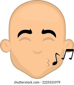 vector illustration of a cartoon bald man face whistling with musical notes