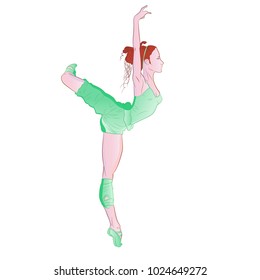 Vector illustration of a cartoon ballerina dancing a packet of green with a shadow on a white background