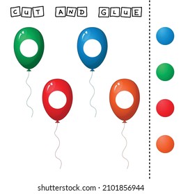 Vector illustration of  cartoon baloons lacking the desired element. paper game for the development of preschoolers. Cut out parts of the image and glue on the toy. A fun game for kids and kids
