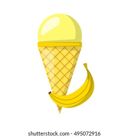 Vector illustration with cartoon banana ice cream ball in cone. Cartoon ice cream flavour. Summer sweet dessert. Vector cartoon icon. Sweet yellow ball.