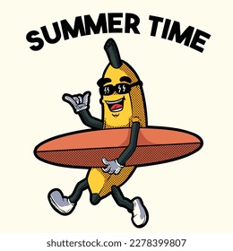 vector illustration of cartoon banana surfing. the design is perfect for tshirt,sticker,logo and merchandise