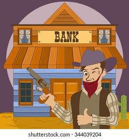 Vector Illustration Of A Cartoon Bank Robber In Front Of The Old Western Building.