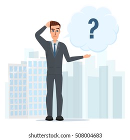 Vector illustration of cartoon with bar question mark. Business cartoon concept. Vector illustration isolated on white background in flat style.