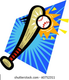 Vector Illustration Of A Cartoon Baseball Bat Hitting A Baseball.