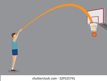 Vector illustration of cartoon basketball player shooting basketball directly into the hoop from a distance, scoring a three-point field goal. 