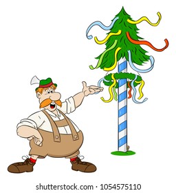 vector illustration of a cartoon Bavarian in front of a maypole