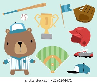 Vector illustration of cartoon bear in baseball jersey with baseball elements