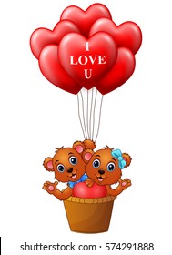 Vector illustration of Cartoon bear in a basket with red heart shape balloon