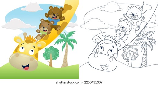 Vector illustration cartoon of bear and cat sliding on giraffes neck in forest. Coloring book or page