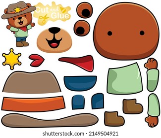 Vector illustration of cartoon bear in cowboy costume. Cutout and gluing