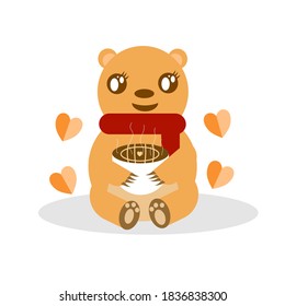 Vector illustration cartoon bear crayon red scarf sitting holding a hot coffee cup