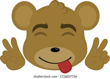Vector illustration of a cartoon bear face making the peace and love sign