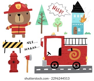 Ilustración vectorial del oso de dibujos animados
en uniforme de bombero, elementos de rescate contra incendios