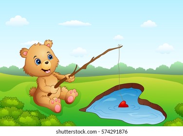 Vector illustration of Cartoon bear fishing in a heart-shaped