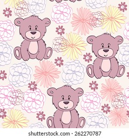 Vector illustration with cartoon bear with flowers. Seamless pattern