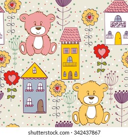 Vector illustration with cartoon bear with flowers. Seamless pattern