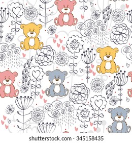 Vector illustration with cartoon bear with flowers. Seamless pattern