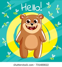 Vector illustration of cartoon bear. Hello.