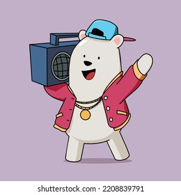 Vector illustration of cartoon bear hip hop, polar bear in hip hop style with jacket, hat and music. Perfect for children illustration and mascot design