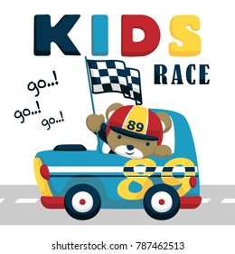 Vector illustration of cartoon bear holding finish flag on racing car