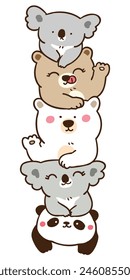 Vector Illustration of Cartoon Bear, Koala and Panda Pile on Isolated Background