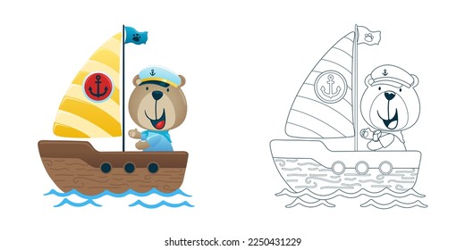 Vector illustration of cartoon bear on sailboat. Coloring book or page for kids 