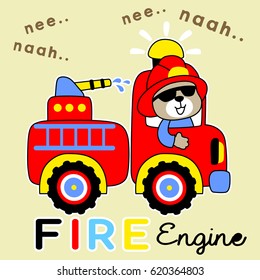 Vector illustration of cartoon bear on firetruck