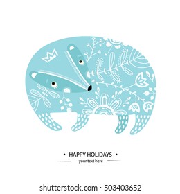vector illustration with cartoon bear. Ornaments, decorative. Can be used as greeting card, poster, invitation for the holidays. eps 10