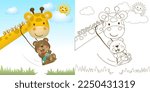 Vector illustration of cartoon bear playing swing in giraffes neck. Coloring book or page for kids 