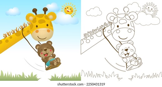 Vector illustration of cartoon bear playing swing in giraffes neck. Coloring book or page for kids 