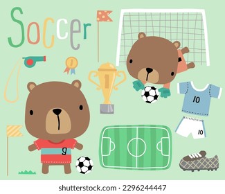 Vector illustration of cartoon bear playing soccer, soccer elements illustration